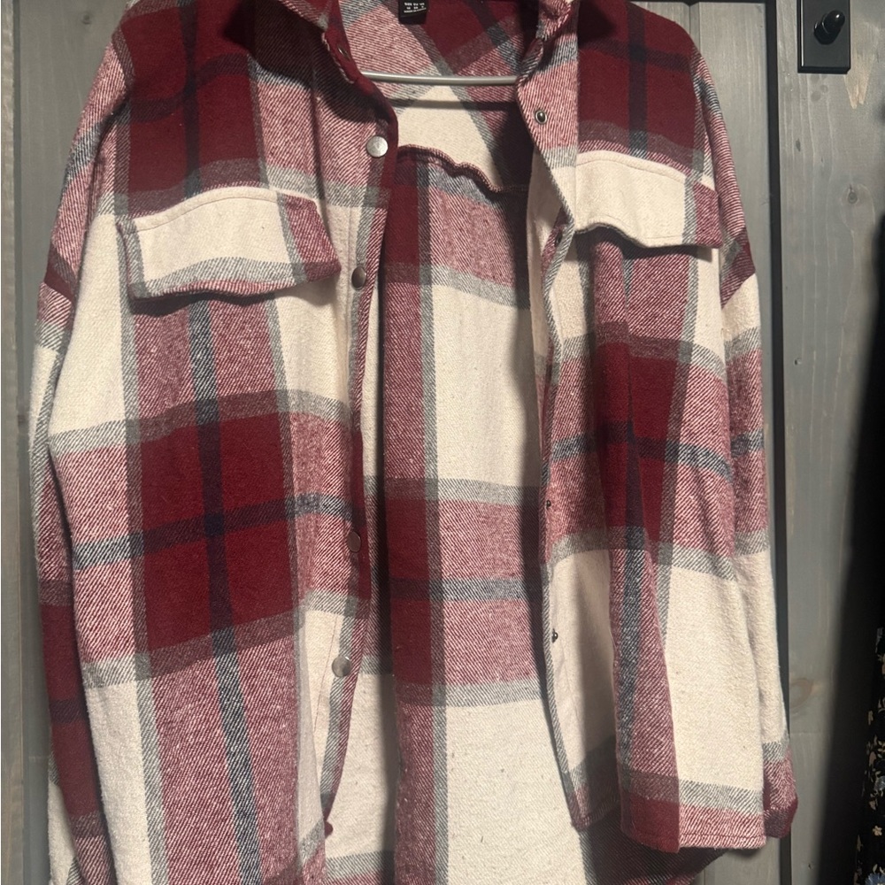 SHEIN Red and Cream Plaid Shirt